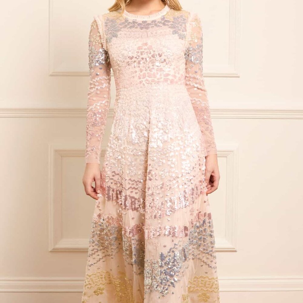 Needle & Thread Angeline Sequin Gown | Cream | NWT